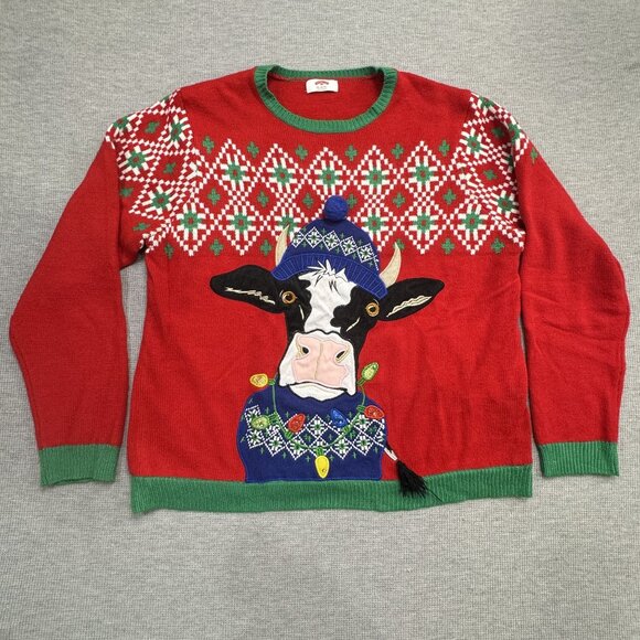 Festive Cow Holiday Christmas Sweater Size 2XL Red Blue Ugly Xmas Knit Pullover - Picture 4 of 15
